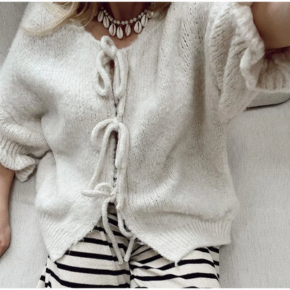 Lace Up Bow Flared Sleeve Loose Fashion Street Casual Cardigan