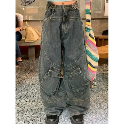 Large Retro Punk Style Large Pocket Tooling Jeans Women's Street Fashion Pants