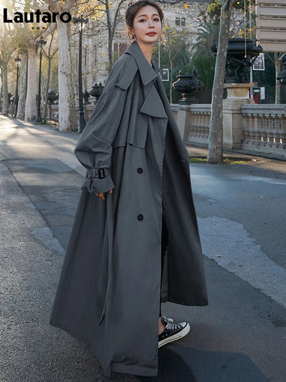 Spring Autumn Extra Long Flowy Oversized Casual Belt Double Breasted Loose Korean Fashion 2024 Stylish Coat