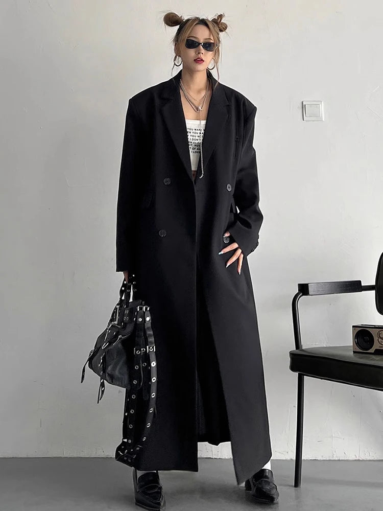 Spring Autumn Long Grey Black Double Breasted Loose Casual Korean Fashion 2024 Stylish Coat