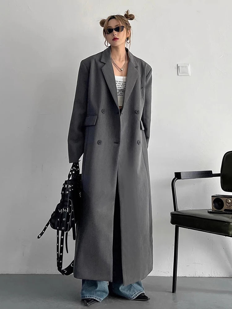 Spring Autumn Long Grey Black Double Breasted Loose Casual Korean Fashion 2024 Stylish Coat