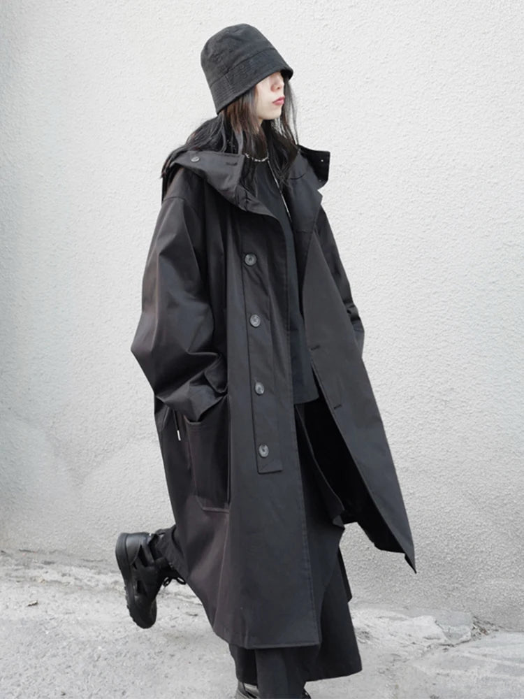 Spring Autumn Long Oversized Black Hood Dark Academia Aesthetic Luxury Designer 2024 Stylish Coat