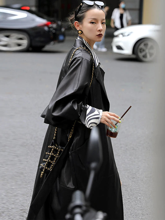 Oversized Long Black Soft Pu Leather Belt Double Breasted Luxury Korean Fashion Stylish Coat