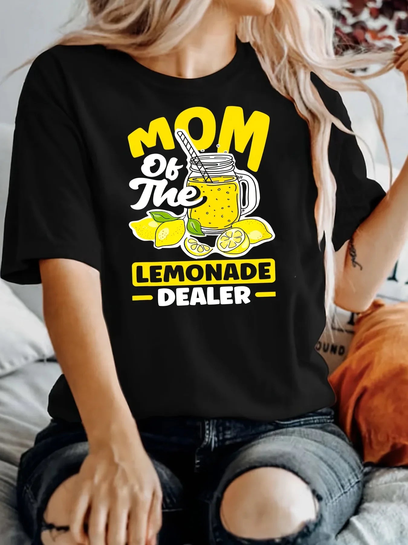 Casual Crew Neck Short Sleeve Letter & Lemon Print Women's T-shirt for Spring & Summer