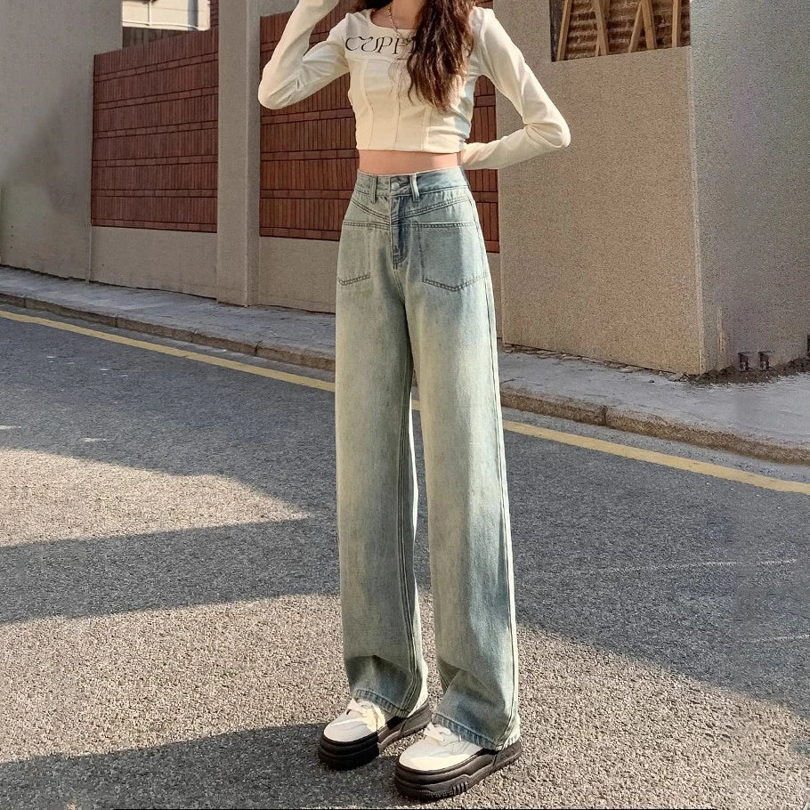 Light Blue Narrow Straight Female Spring New High-Waisted Drape Thin Versatile Wide-Leg Jeans