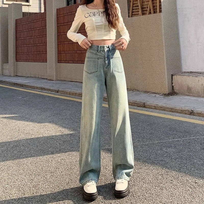 Light Blue Narrow Straight Female Spring New High-Waisted Drape Thin Versatile Wide-Leg Jeans