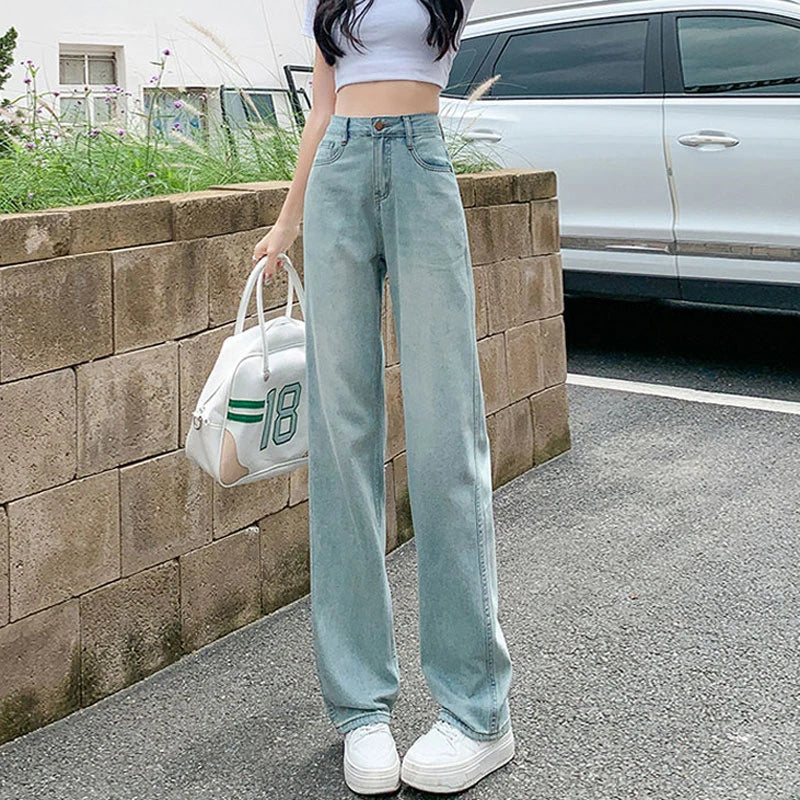 Light Blue Straight Female Summer Section High Waist Thin Drape Loose Jeans