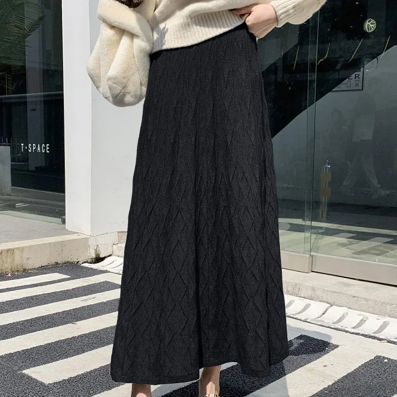 Knitted Long Drooping A-Line High Waisted Slim Woolen Skirt