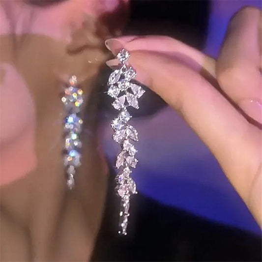 Leaf Crystal Long Women Fashion Rhinestone Drop Accessories Statement Gold Color Brincos Shiny Luxury Earring