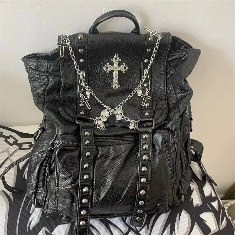 Goth Fashion Women Black Skeleton Backpack Chain Y2k Punk Rivet Bag