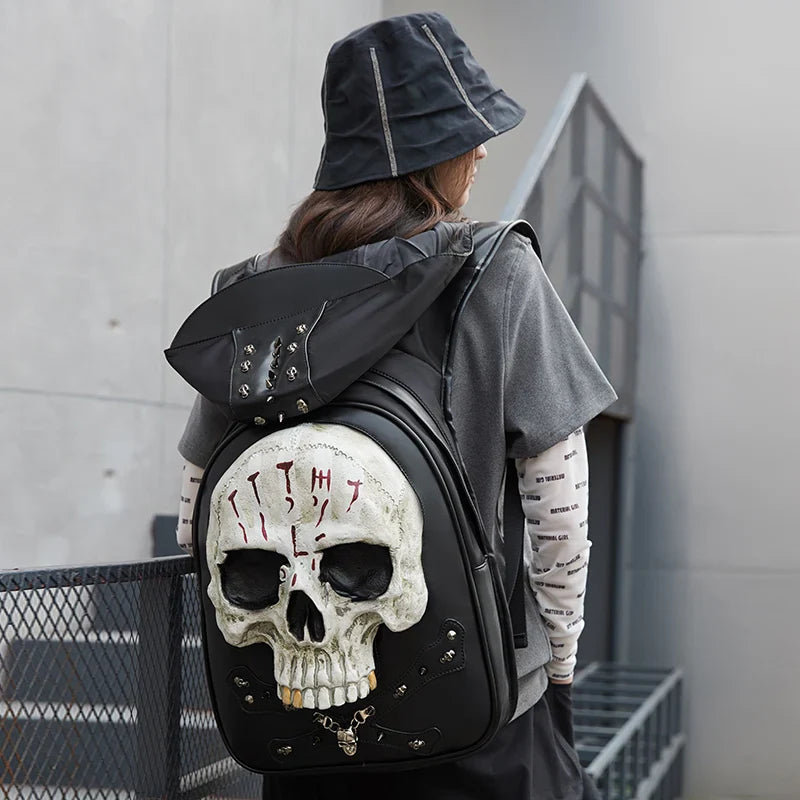 3D Backpack Leather Skull Travel Rock Rivets Embossed Laptop Gothic Punk Bag