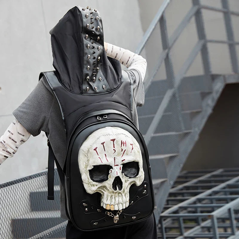 3D Backpack Leather Skull Travel Rock Rivets Embossed Laptop Gothic Punk Bag