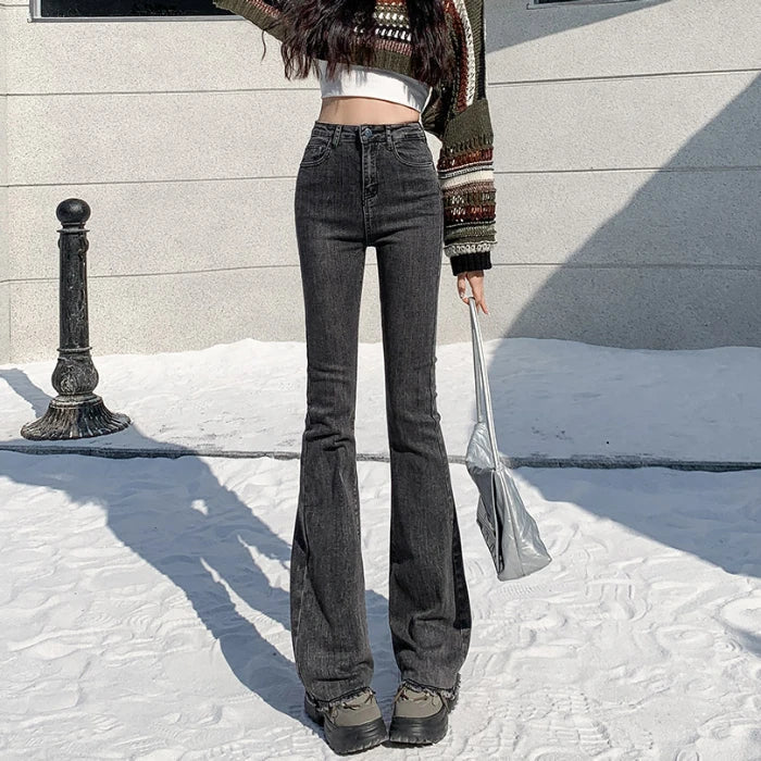 Female 2024 High-Waisted Slim Elastic High Street Small Horseshoe Flare Jeans