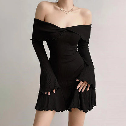 Sexy Backless Strapless Slim A-Line Fashion Streetwear Casual Long Sleeves Mini Solid Dress