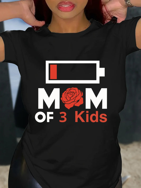 Mom Of 3 Kids Print Short Sleeve Crew Neck Casual Top For Summer & Spring Women's T-shirt