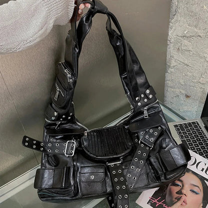 Luxury Multiple Designer Wide Strap Knot Rivet Pockets Moto Shoulder Bag