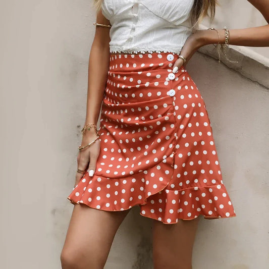 Dot Print Ruffle High Waist Button Mini Skirt