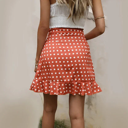 Dot Print Ruffle High Waist Button Mini Skirt