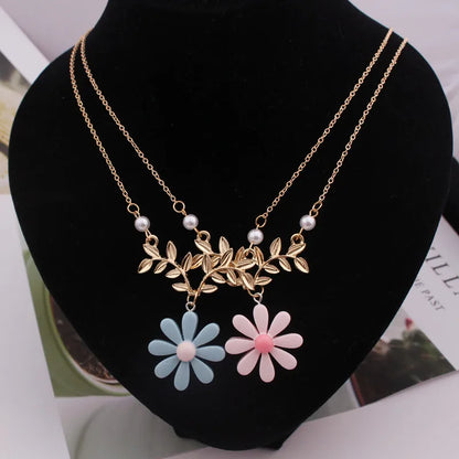 Delicate Sunflower Imitation Pearl Jewelry Sweater Daisy Flower Leaf Necklake