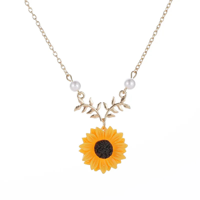 Delicate Sunflower Imitation Pearl Jewelry Sweater Daisy Flower Leaf Necklake