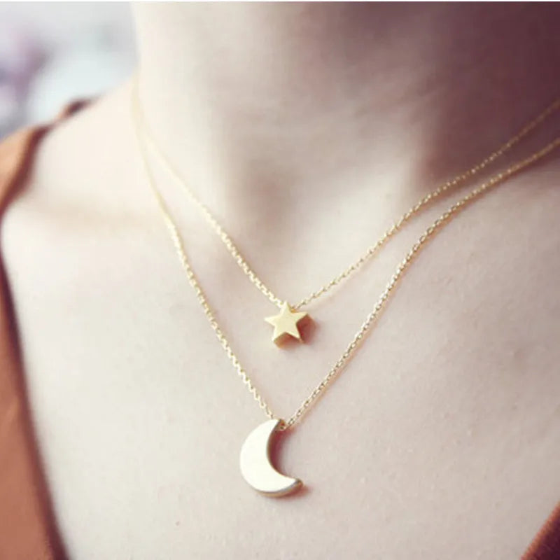 Collier Pendant Hot Women Two Layered For Punk Statement Chain Moon Clavicle Simple Jewelry Star Necklace