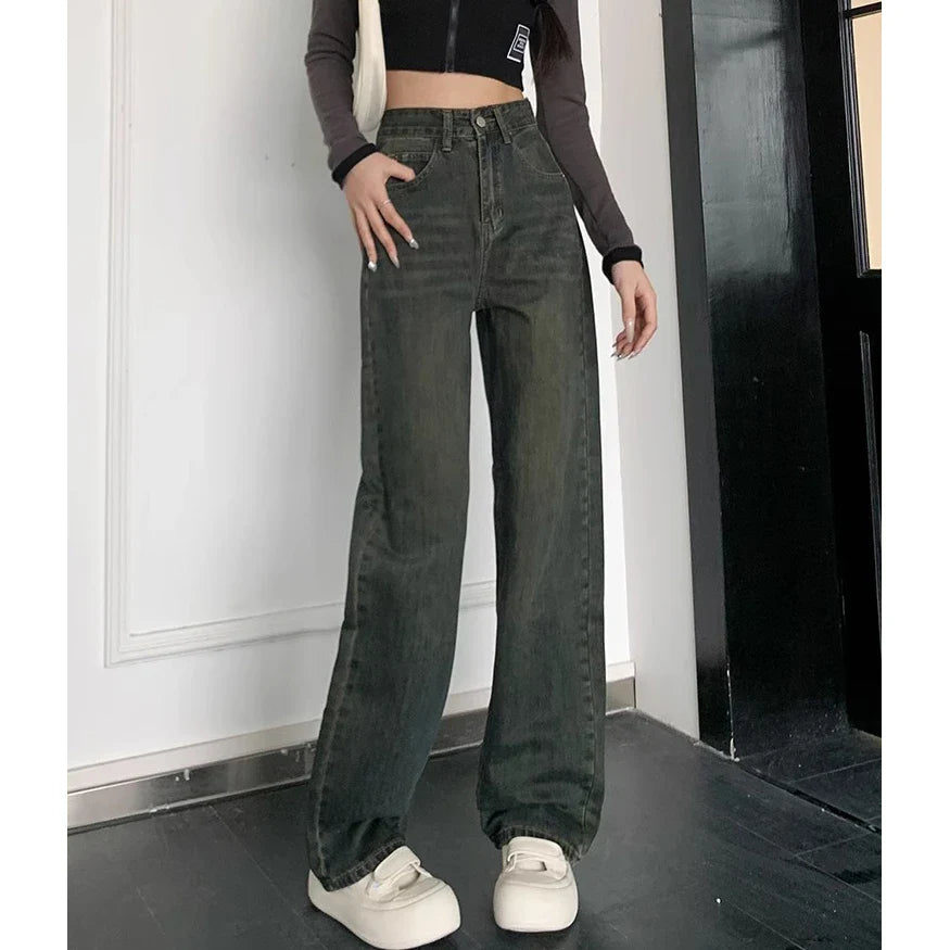 Female 2024 New Spring Cement Grey High Waist Thin Small Wide-Legged Trousers Jeans