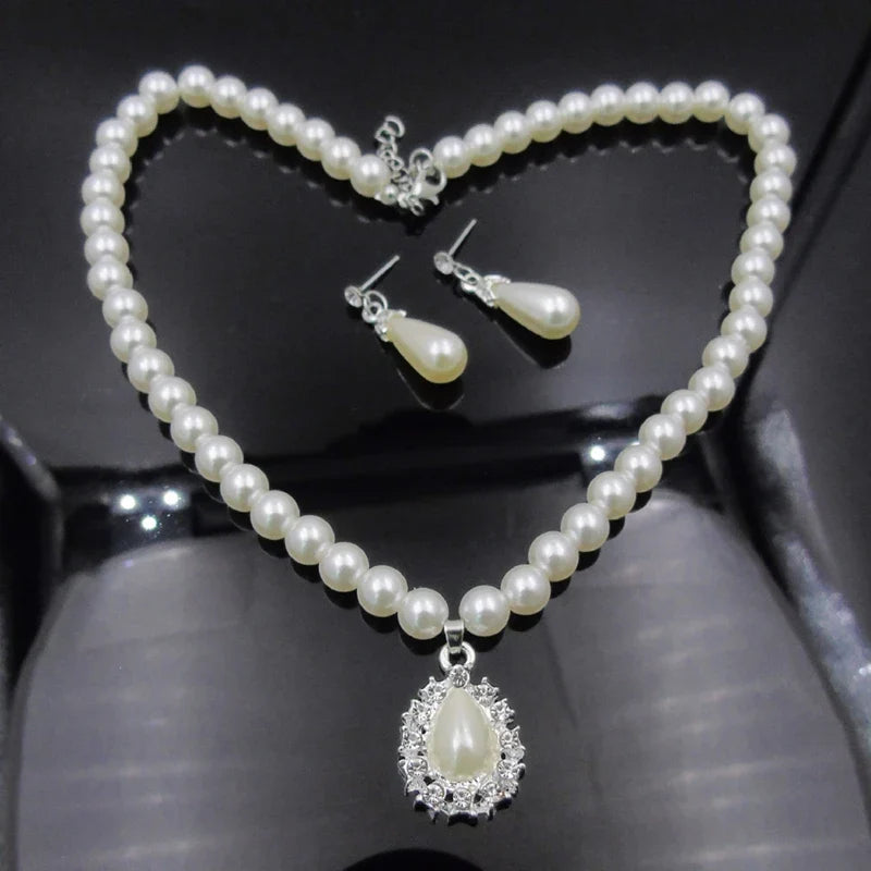 Natural Set Pearl Jewelry Fashion Water Imitation Crystal Drop Classic Girl Birthday Bridal Gift Earrings Necklace