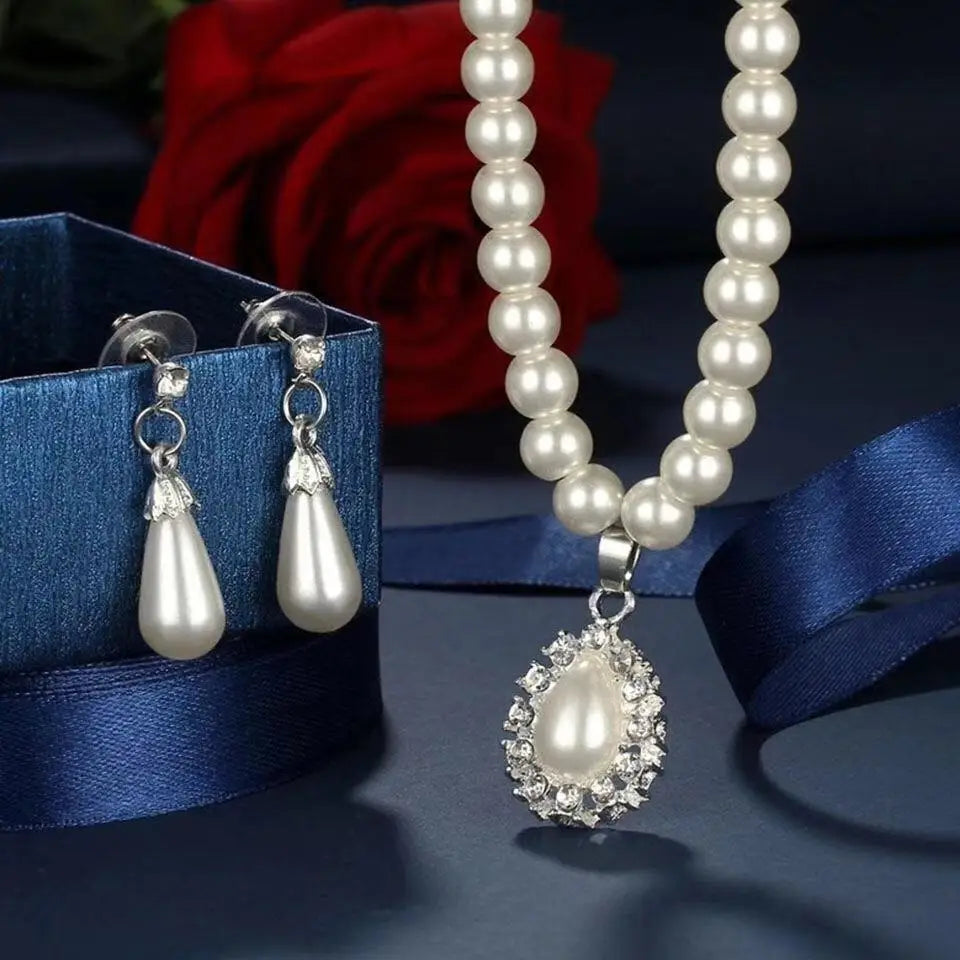 Natural Set Pearl Jewelry Fashion Water Imitation Crystal Drop Classic Girl Birthday Bridal Gift Earrings Necklace