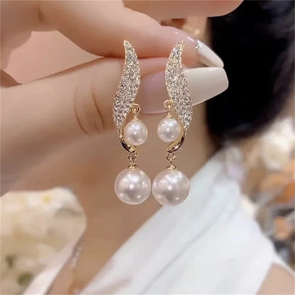 Classic Elegant Imitation Double Pearl Crystal Long Tassel Drop Wedding Gifts New Earring