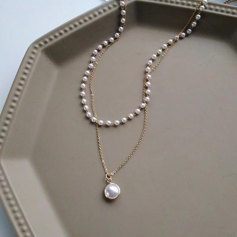 New Fashion Kpop Double Baroque Pearl Charm Wedding Girl Necklake