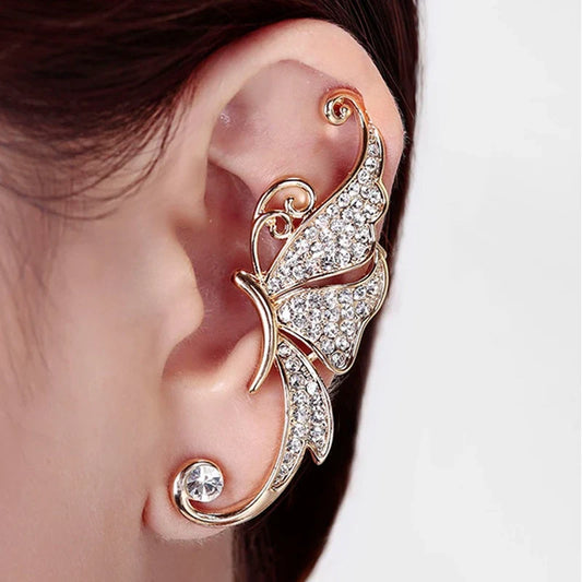 Gold Angel Wing Crystal Butterfly Ear Stud Cuff Earring