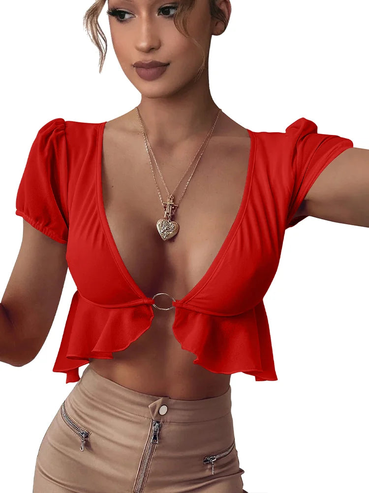 New Women Deep V Neck Ruffles Short Sleeve Mini Crop Top