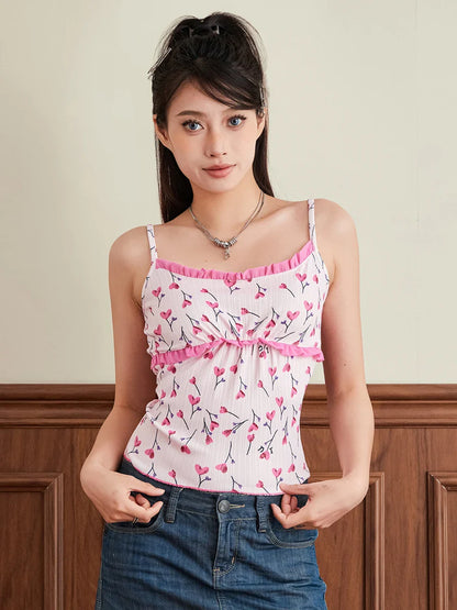 Summer Cami Cute Heart Print Frill Sleeveless Streetwear Crop Floral Top