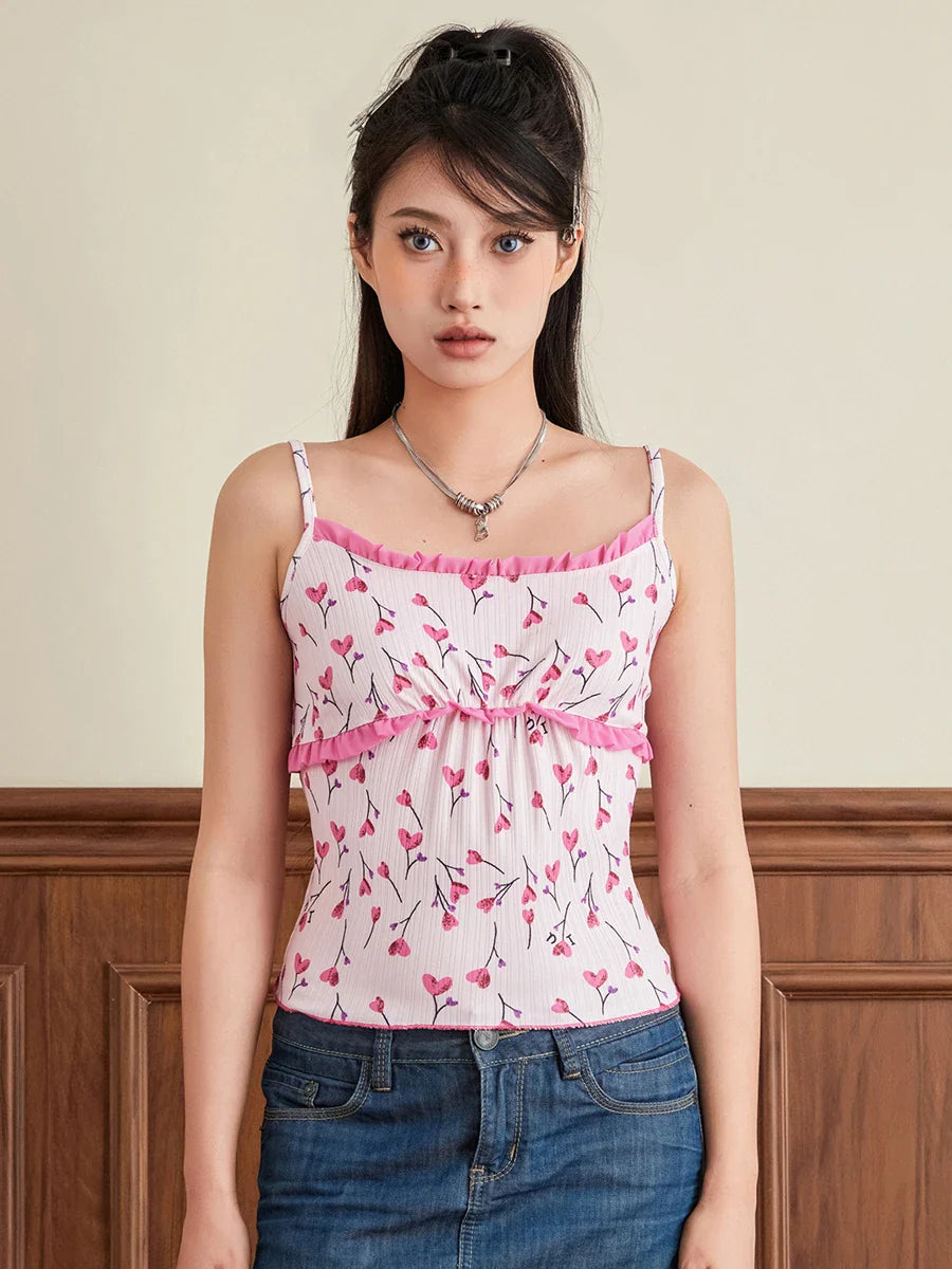 Summer Cami Cute Heart Print Frill Sleeveless Streetwear Crop Floral Top