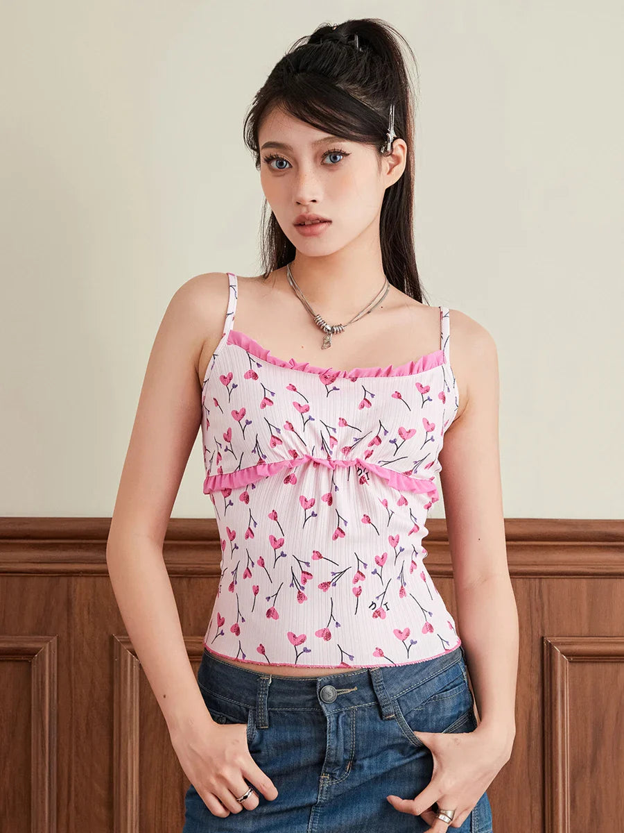 Summer Cami Cute Heart Print Frill Sleeveless Streetwear Crop Floral Top