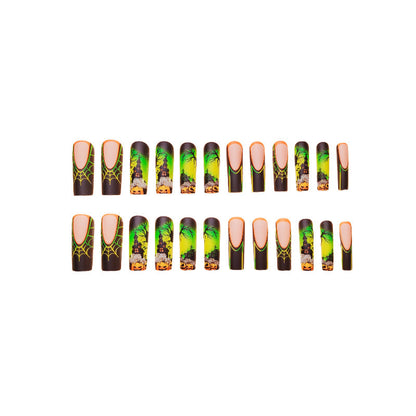 Halloween Press on False Pumpkin Stickers 24Pcs Long Nail Boxed Detachable on Nail Castle Press Nail