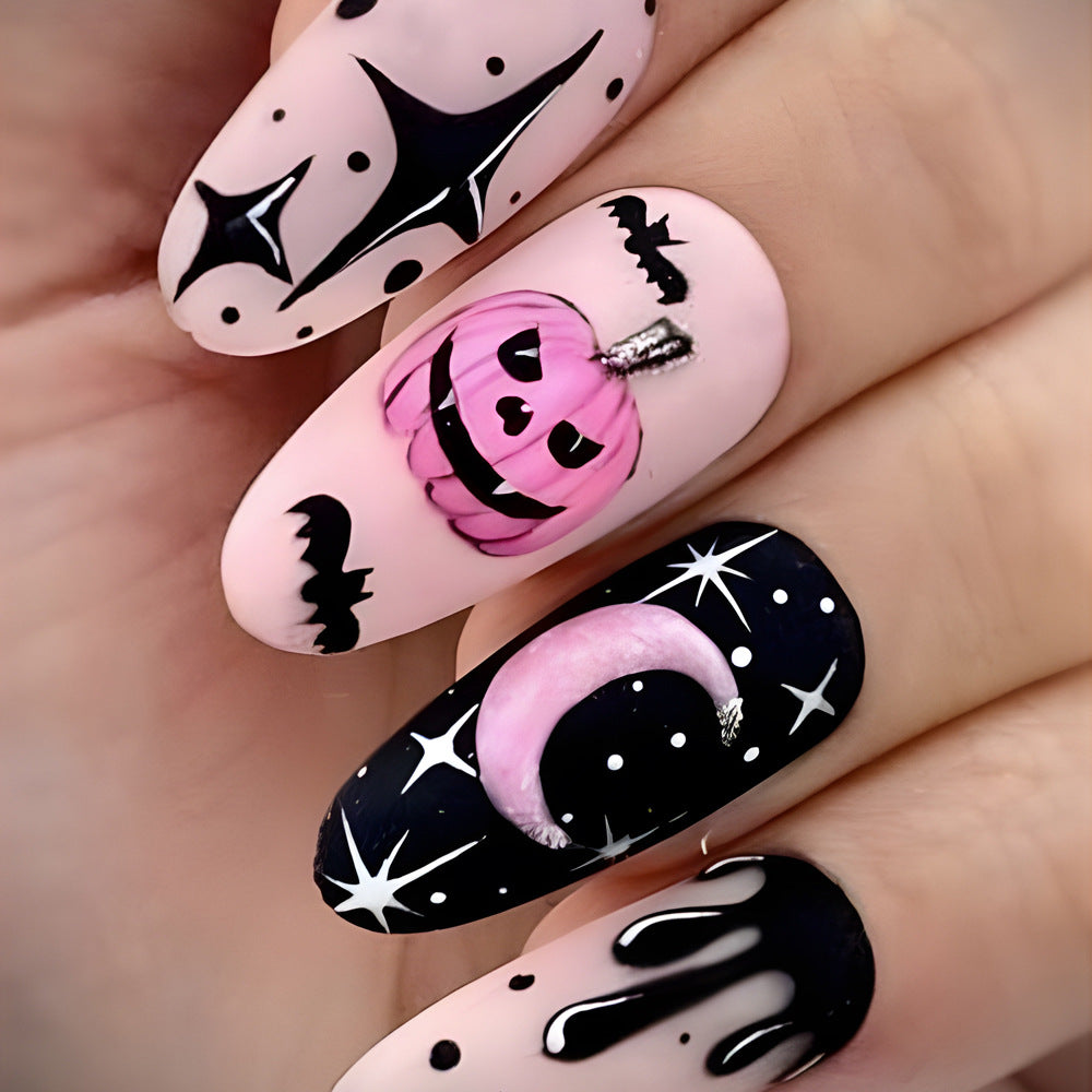 Halloween Pink Stickers Sky on Glitter False Press Nail Pumpkin Starry Nail