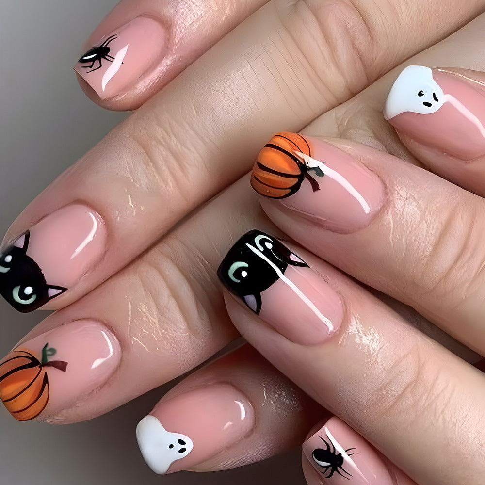 Halloween Ghost False Press Cat on Cute Pink Cartoon Pumpkin Nail