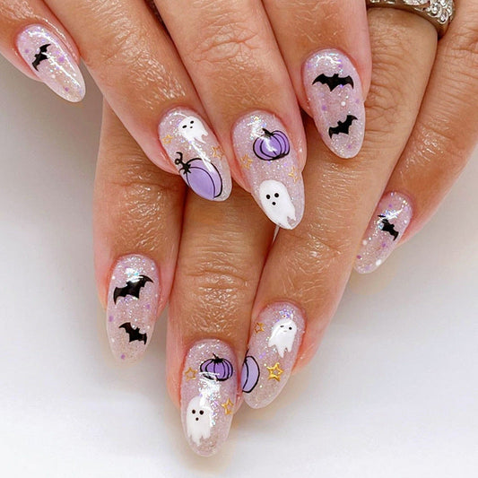 Halloween Bat False on Round Press Cute Ghost Pumpkin Nail