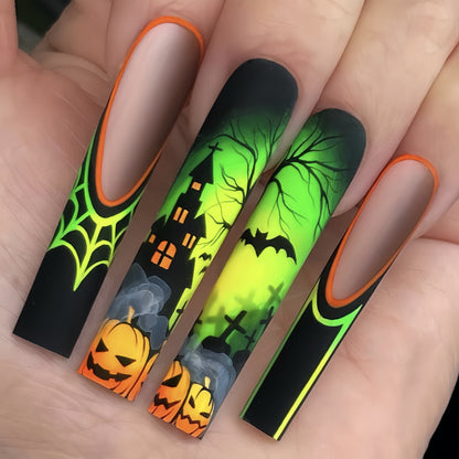 Halloween Press on False Pumpkin Stickers 24Pcs Long Nail Boxed Detachable on Nail Castle Press Nail