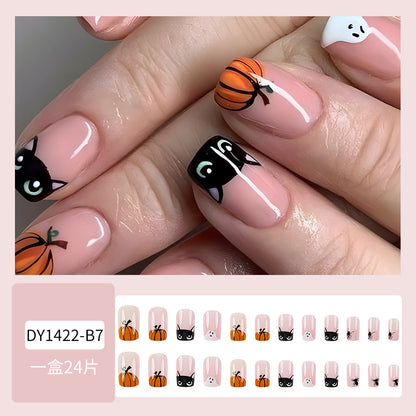 Halloween Ghost False Press Cat on Cute Pink Cartoon Pumpkin Nail