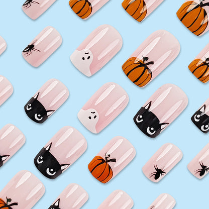 Halloween Ghost False Press Cat on Cute Pink Cartoon Pumpkin Nail