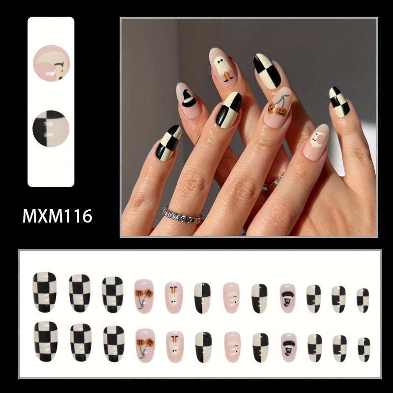 Halloween on Oval Press White Cute False Checkerboard Nail