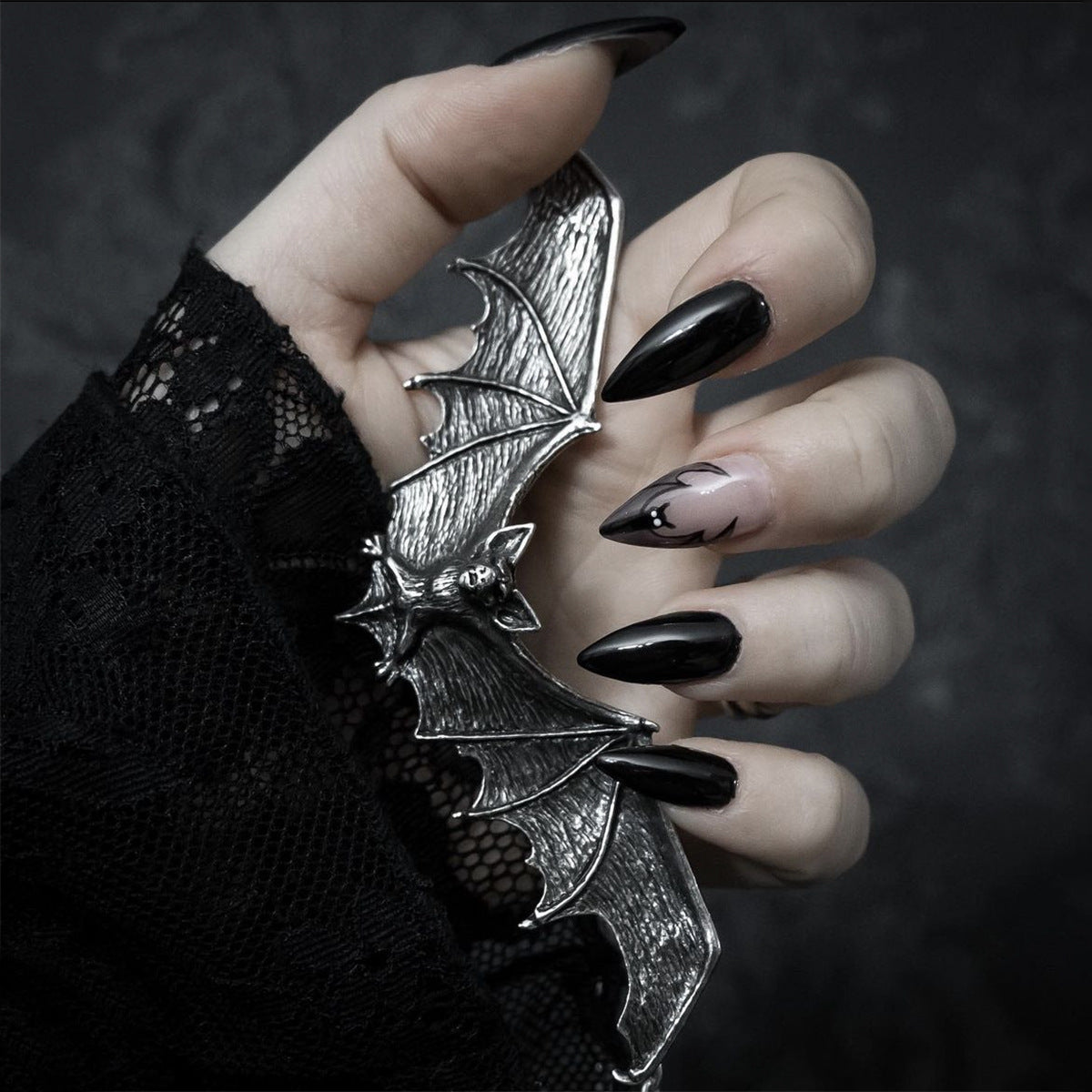 Halloween Press Pure on Almond Wearable Bat Dark Color Nail