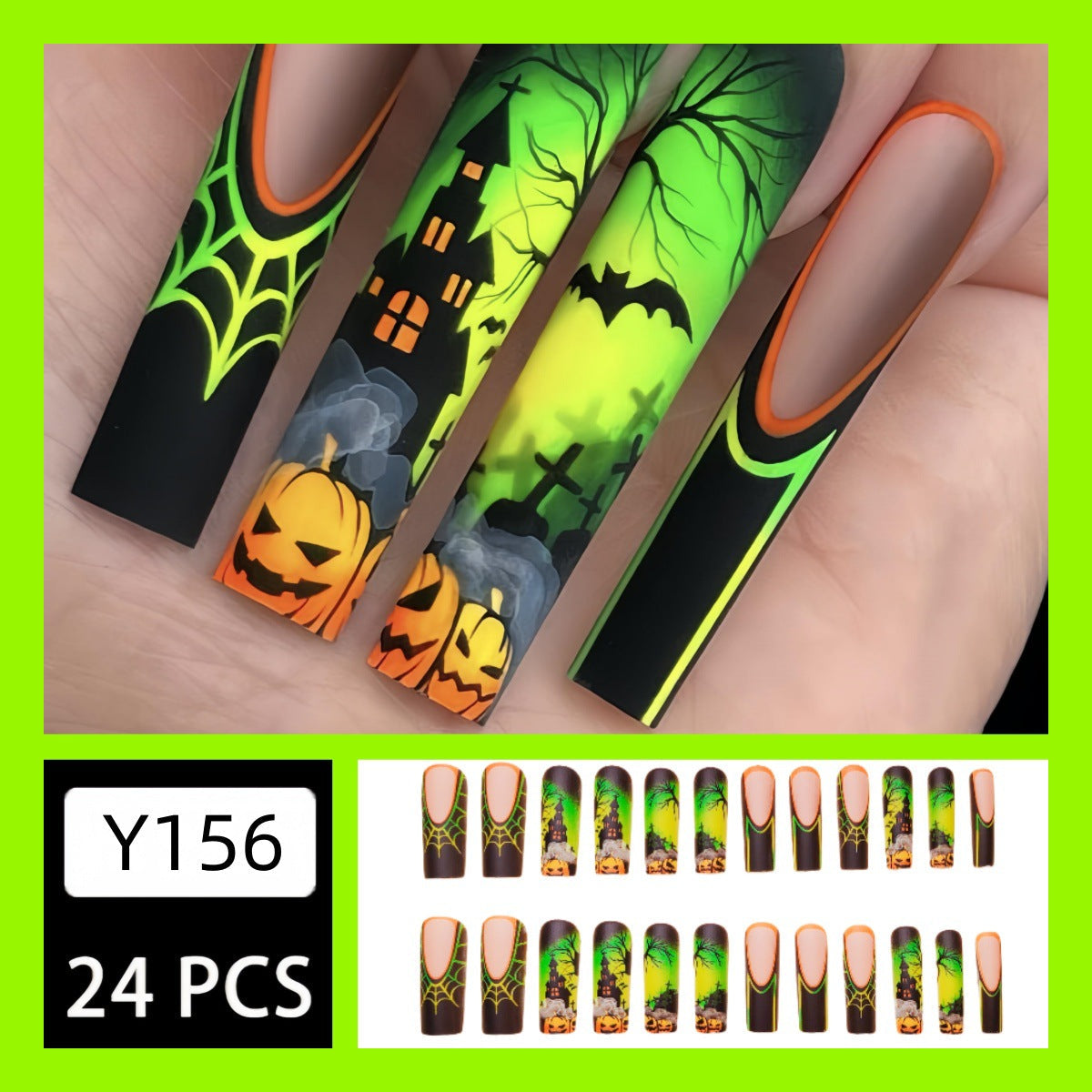 Halloween Press on False Pumpkin Stickers 24Pcs Long Nail Boxed Detachable on Nail Castle Press Nail