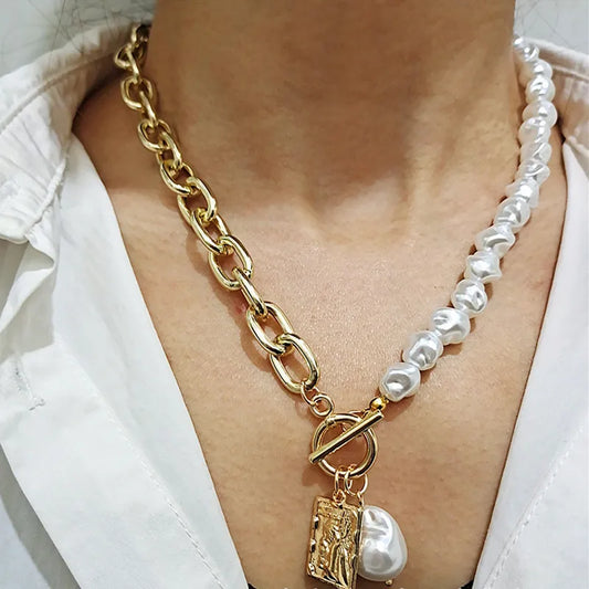 Geometric Pendants Vintage Gold Color Collar Femme Jewelry Pearl Necklace