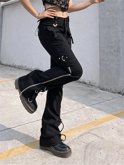 Punk Zipper Leggings Techwear Black Y2K Rivets Cargo Pants Pants