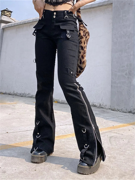 Punk Zipper Leggings Techwear Black Y2K Rivets Cargo Pants Pants