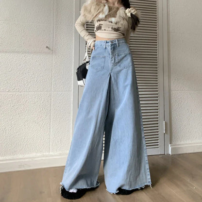 High-Waisted Wide-Legged Trousers Female New Burlap Design Versatile Thin Skirt Jeans