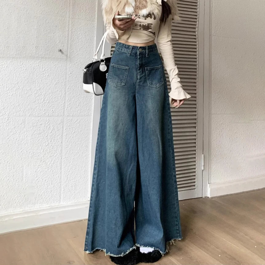 High-Waisted Wide-Legged Trousers Female New Burlap Design Versatile Thin Skirt Jeans